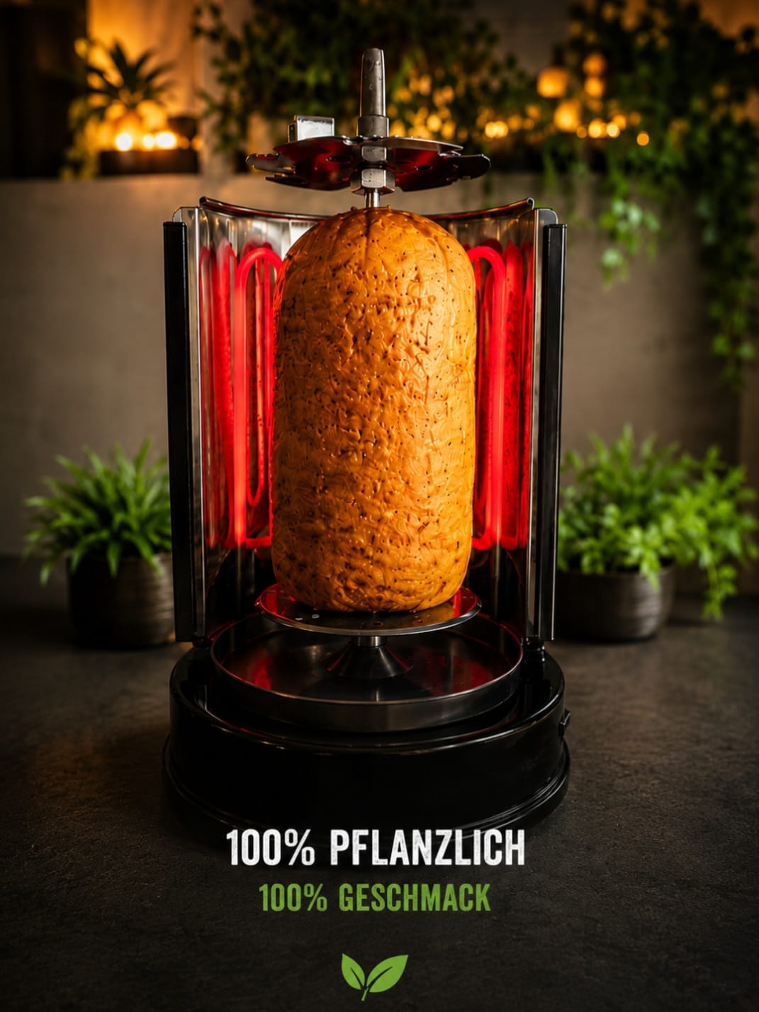 Veganer Döner Kebab Drehspieß 2 kg am Grill, 100 Prozent pflanzlich auf Erbsenproteinbasis
